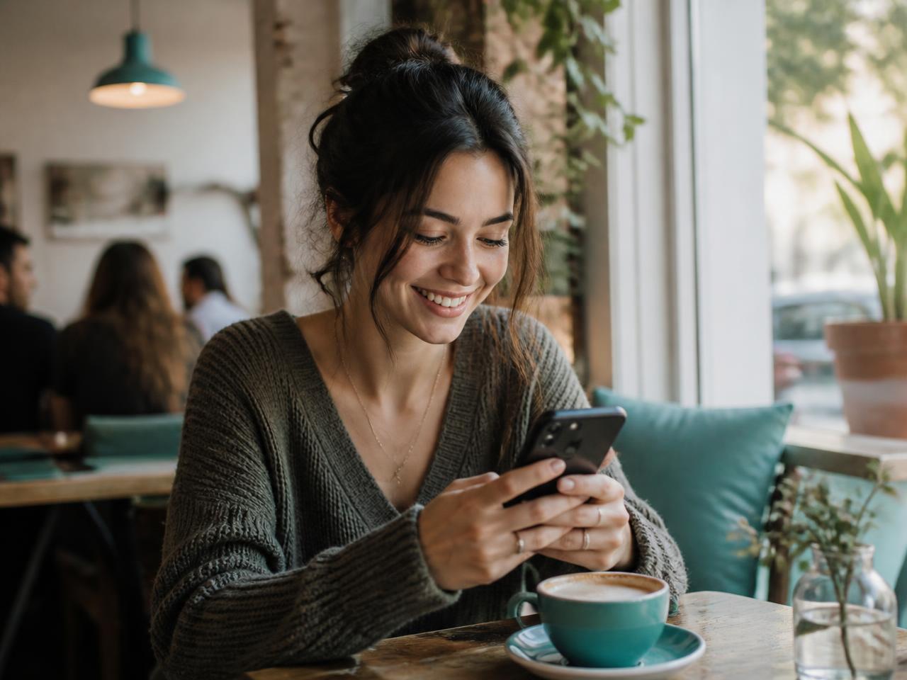 A woman smiling while messaging friends on her phone in a cafe